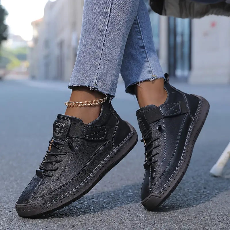 Women's Hand-Stitched Leather High-Top Sneakers Lace-Up Strap Cushioned Casual
