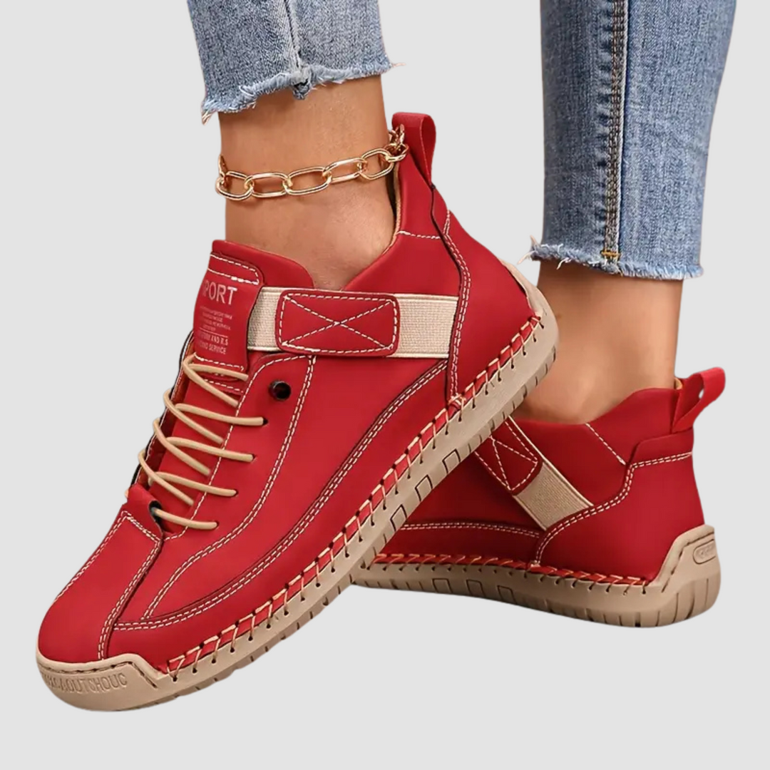 Women's Hand-Stitched Leather High-Top Sneakers Lace-Up Strap Cushioned Casual