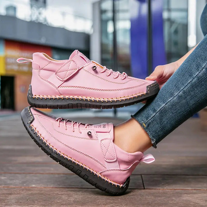 Women's Hand-Stitched Leather High-Top Sneakers Lace-Up Strap Cushioned Casual