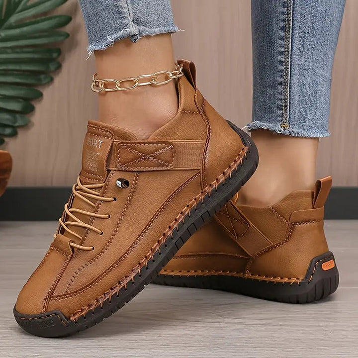 Women's Hand-Stitched Leather High-Top Sneakers Lace-Up Strap Cushioned Casual