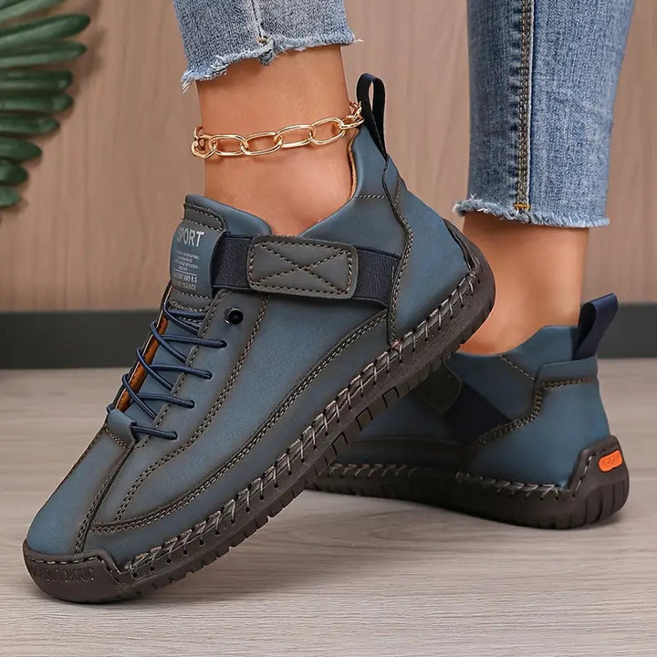 Women's Hand-Stitched Leather High-Top Sneakers Lace-Up Strap Cushioned Casual