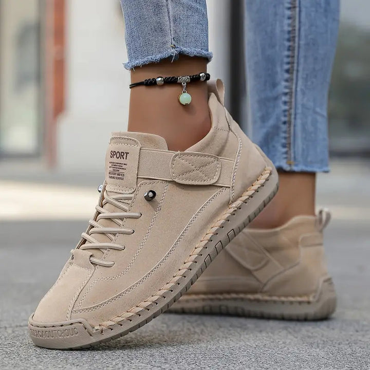 Women's Hand-Stitched Leather High-Top Sneakers Lace-Up Strap Cushioned Casual