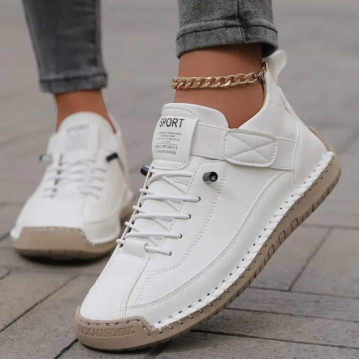 Women's Hand-Stitched Leather High-Top Sneakers Lace-Up Strap Cushioned Casual