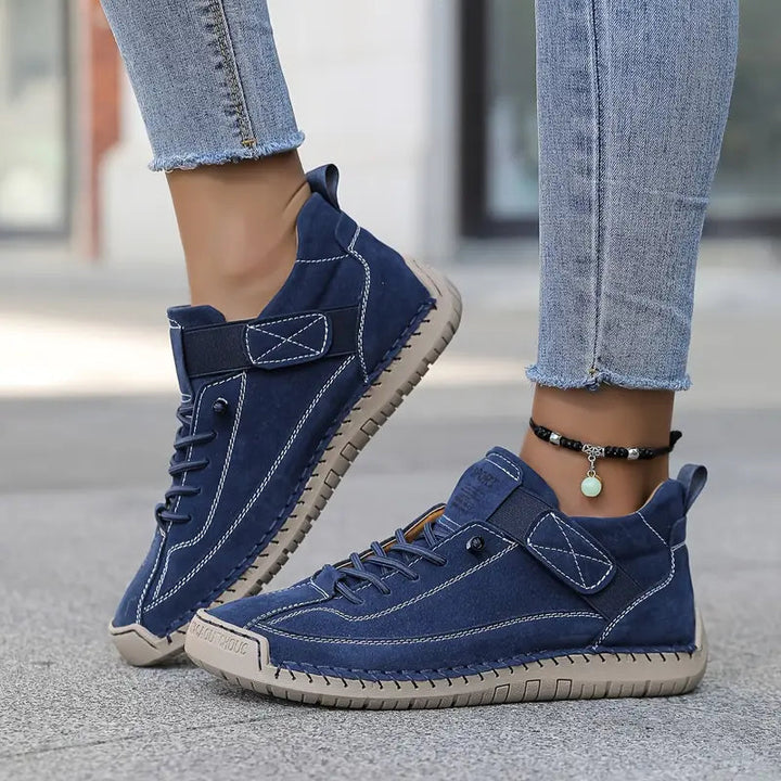 Women's Hand-Stitched Leather High-Top Sneakers Lace-Up Strap Cushioned Casual