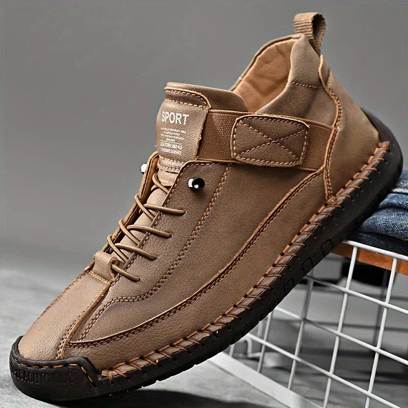 Women's Hand-Stitched Leather High-Top Sneakers Lace-Up Strap Cushioned Casual