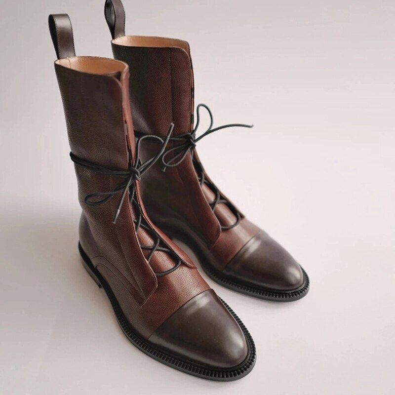Women's Leather Lace-Up Combat Boots Cap Toe Mid-Calf Flat Pull-Tab