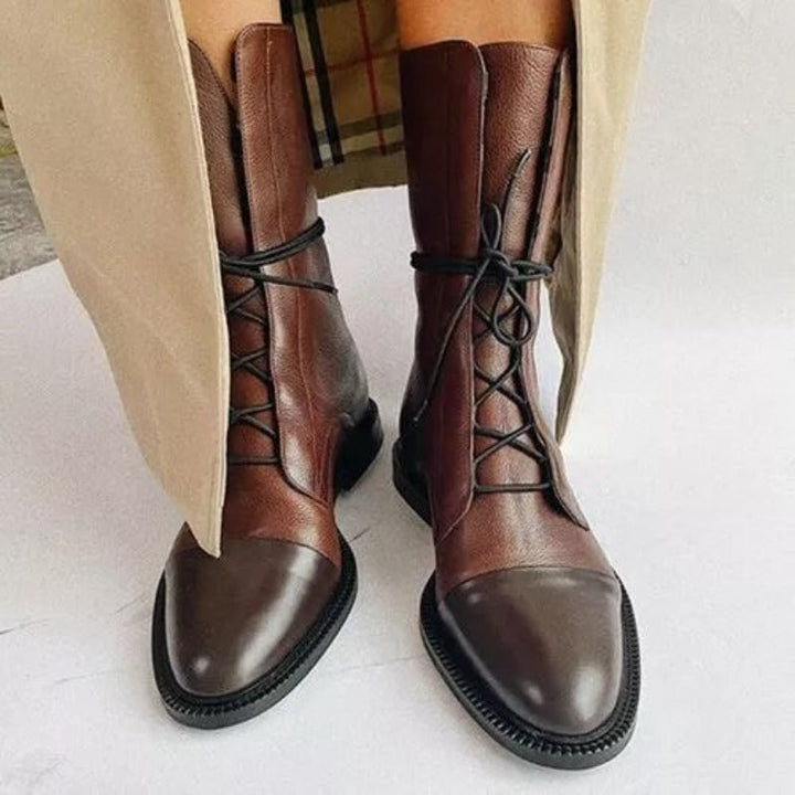Women's Leather Lace-Up Combat Boots Cap Toe Mid-Calf Flat Pull-Tab