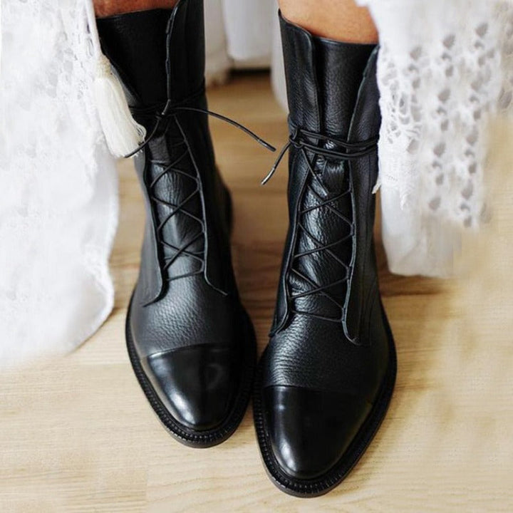 Women's Leather Lace-Up Combat Boots Cap Toe Mid-Calf Flat Pull-Tab