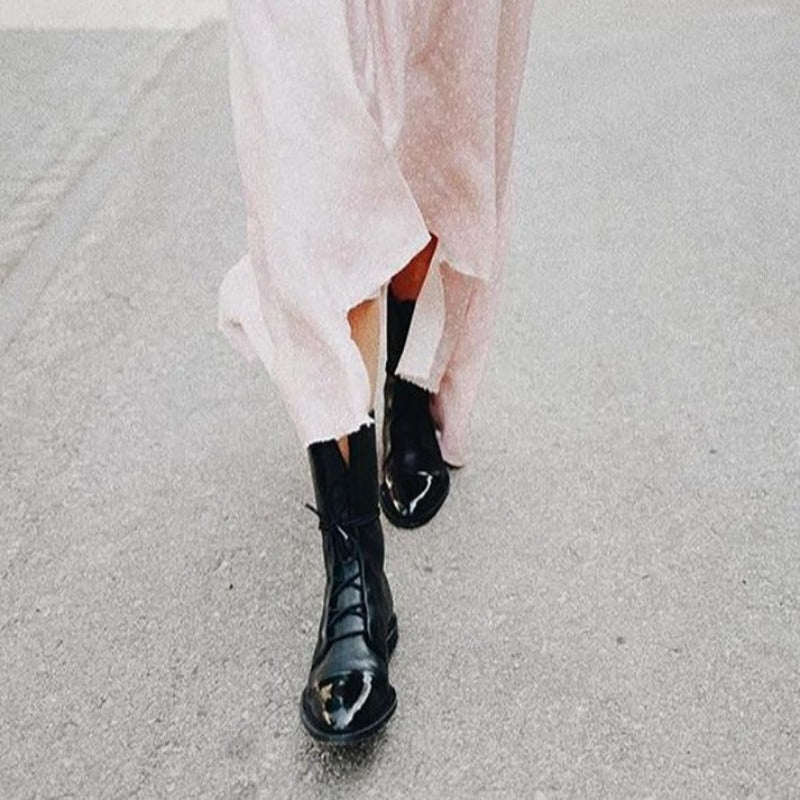 Women's Leather Lace-Up Combat Boots Cap Toe Mid-Calf Flat Pull-Tab