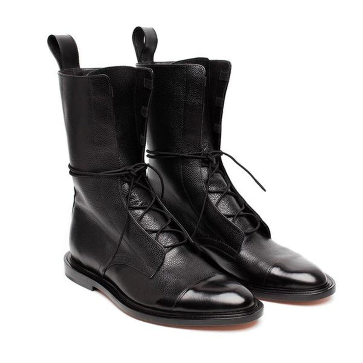 Women's Leather Lace-Up Combat Boots Cap Toe Mid-Calf Flat Pull-Tab