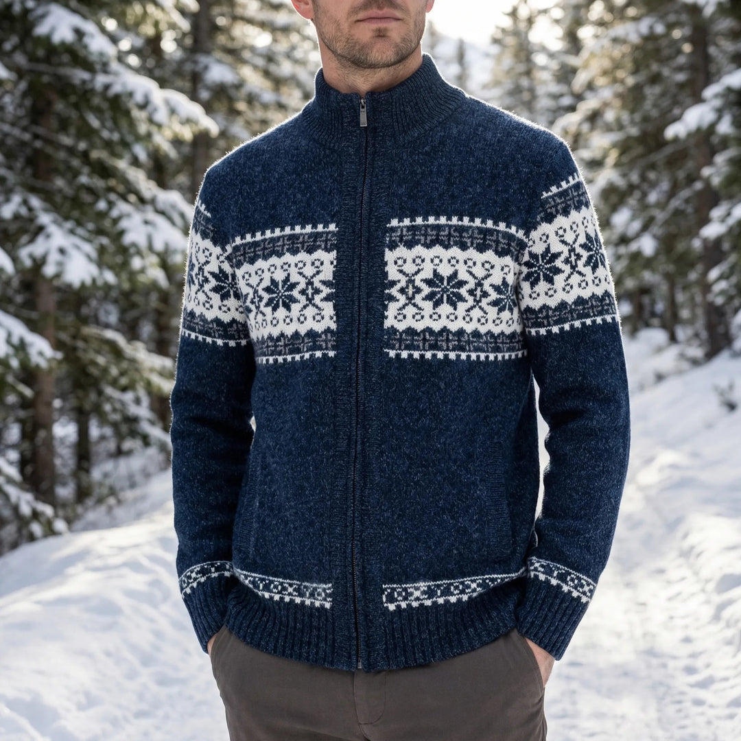 Men's Festive Fair Isle Zip-Up Cardigan Stand Collar Nordic Holiday