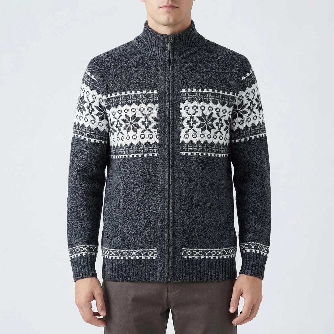 Men's Festive Fair Isle Zip-Up Cardigan Stand Collar Nordic Holiday