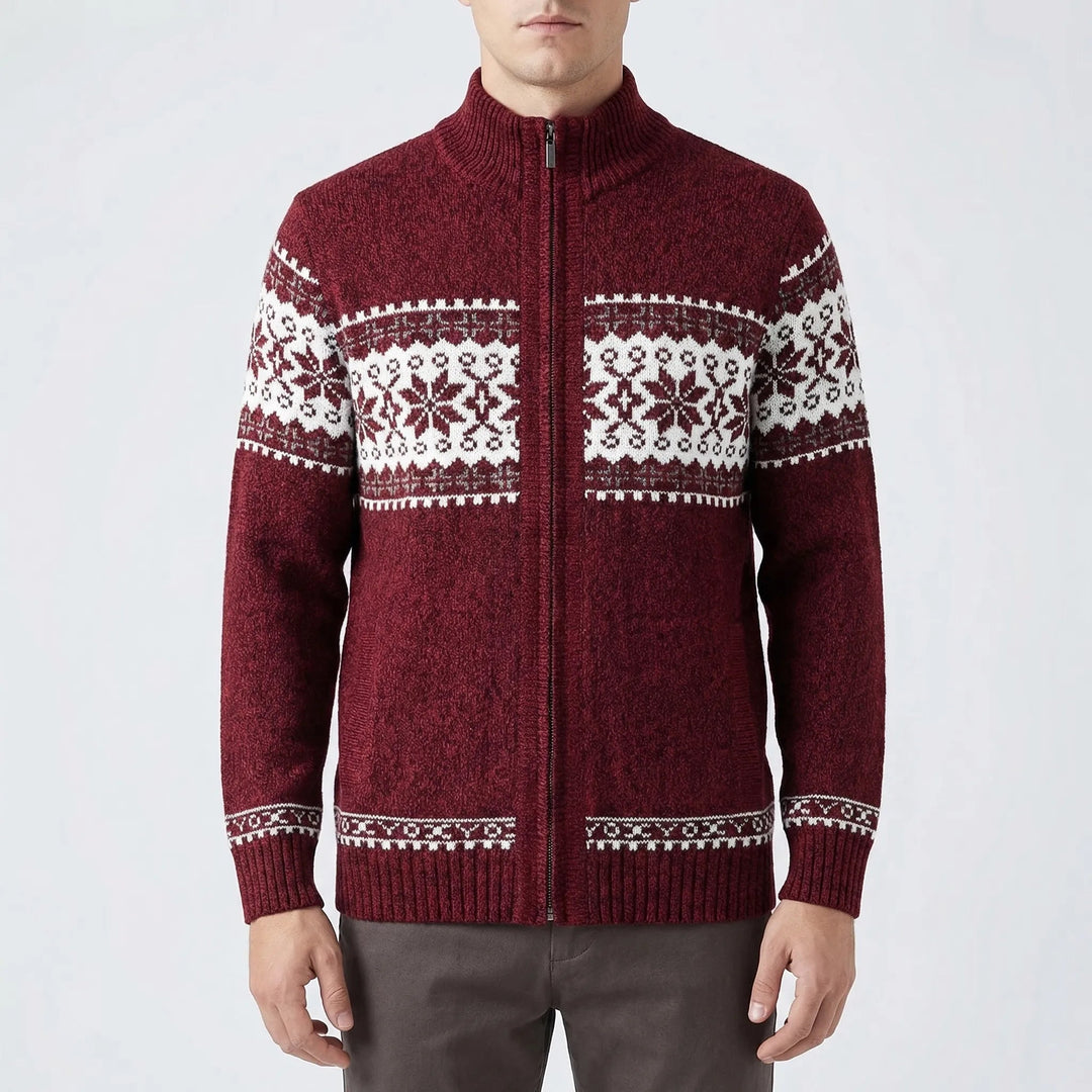 Men's Festive Fair Isle Zip-Up Cardigan Stand Collar Nordic Holiday