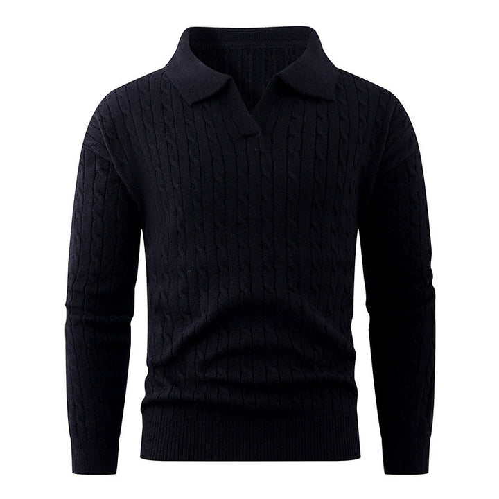 Men's Cable Knit Polo Sweater V-Neck Collared Textured Relaxed