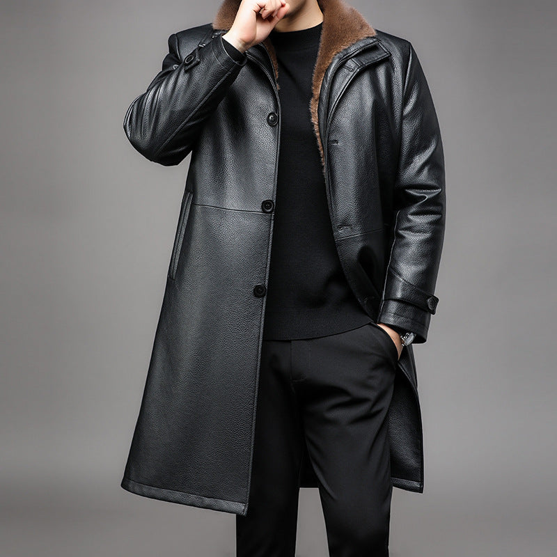 Men's Black Leather Long Coat Removable Fur Collar Thermal-Lined Button Winter Overcoat