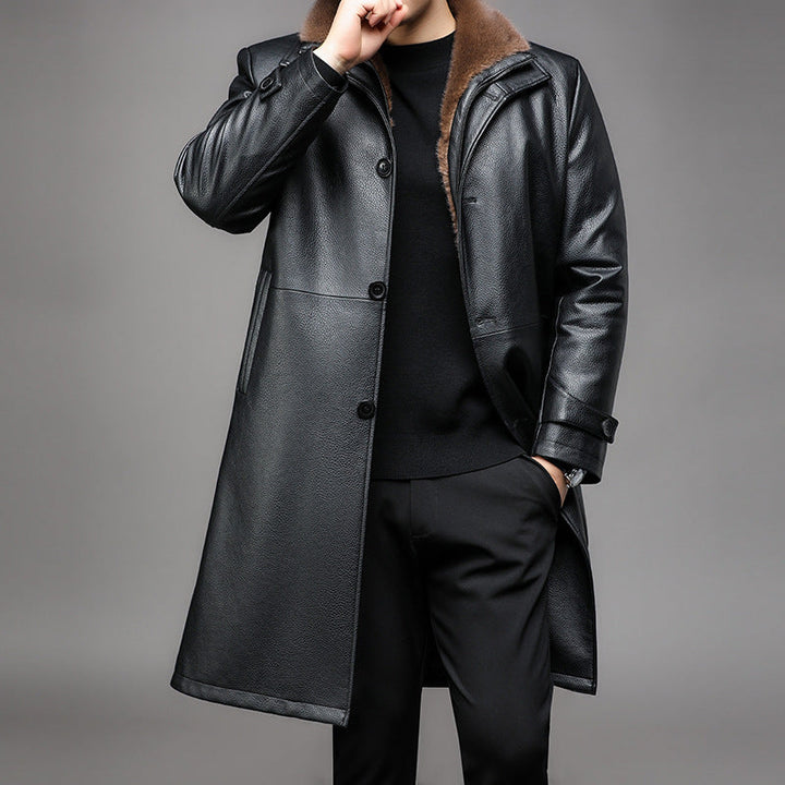 Men's Black Leather Long Coat Removable Fur Collar Thermal-Lined Button Winter Overcoat