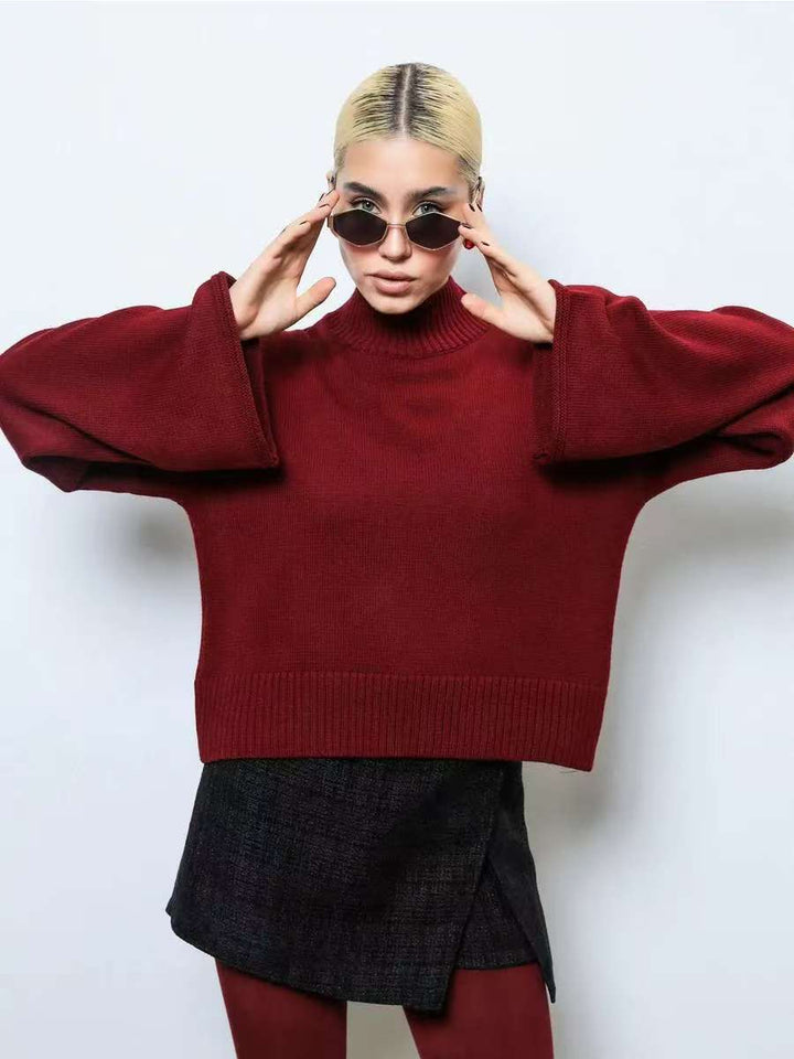 Women's Elegant Oversized Sweater with Loose Fit and Stand Collar Drune