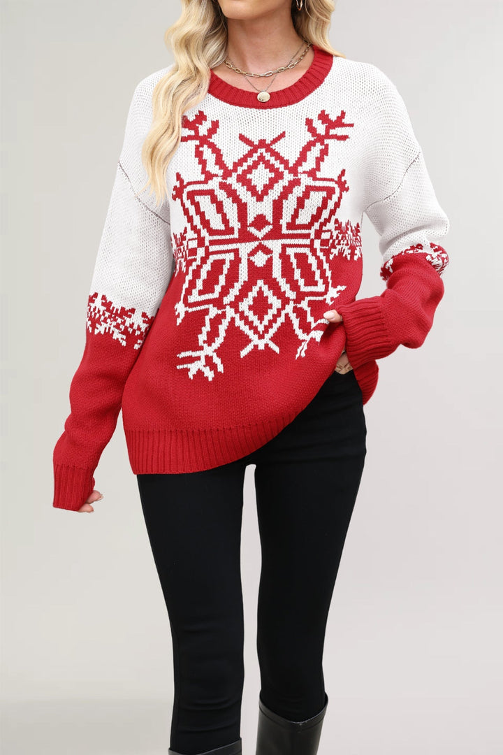 Women's Festive Christmas Sweater Snowflake Colorblock Crewneck Drop-Shoulder Holiday