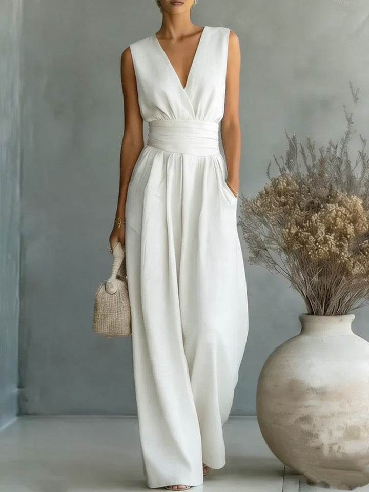 Women's Wide Leg Jumpsuit Sleeveless V-Neck Twist-Front Wrap Flowy Elegant