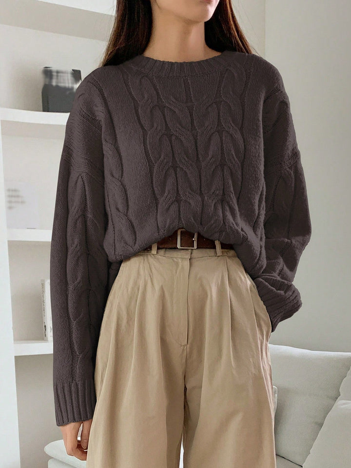 Women's Chunky Cable Knit Sweater Crewneck Drop-Shoulder Loose Relaxed Pullover