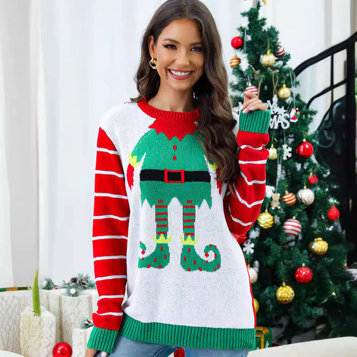 Women's Tacky Christmas Sweater Elf Graphic Festive Holiday Red