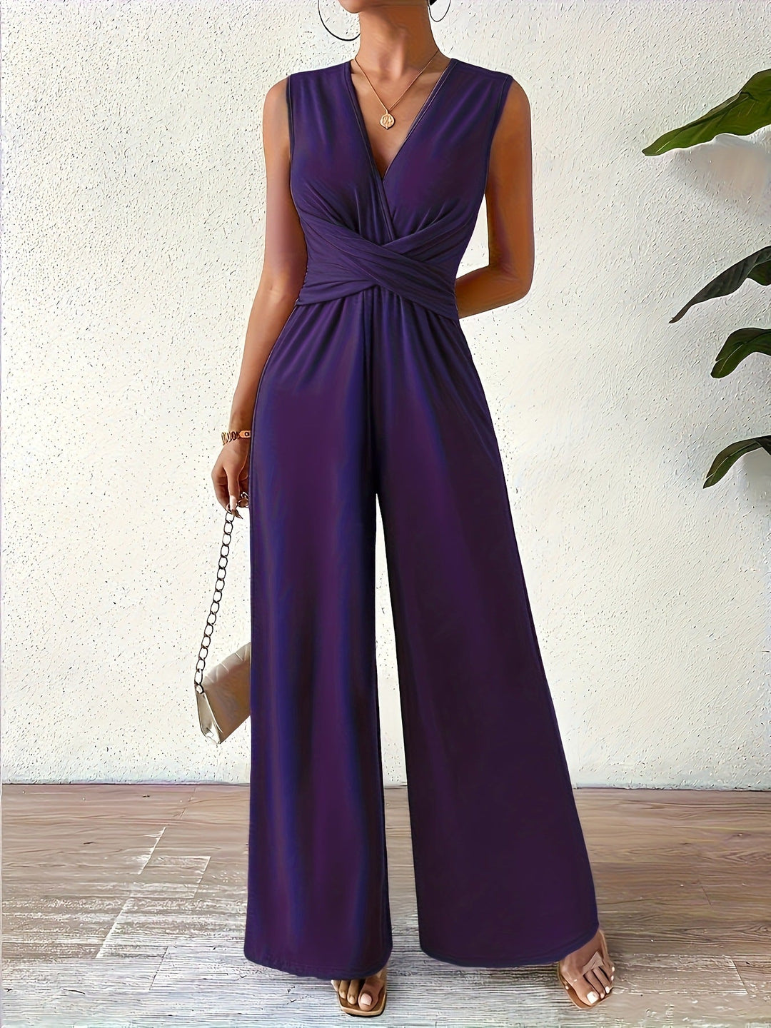 Women's Wide Leg Jumpsuit Sleeveless V-Neck Twist-Front Wrap Flowy Elegant