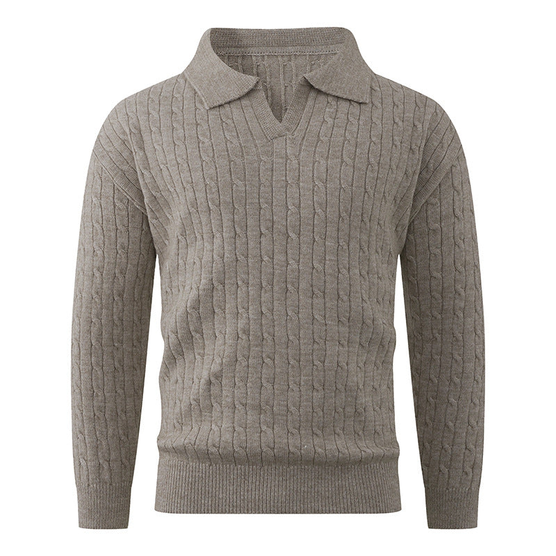 Men's Cable Knit Polo Sweater V-Neck Collared Textured Relaxed