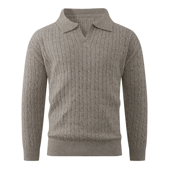 Men's Cable Knit Polo Sweater V-Neck Collared Textured Relaxed