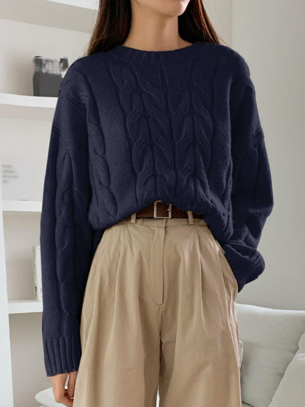 Women's Chunky Cable Knit Sweater Crewneck Drop-Shoulder Loose Relaxed Pullover