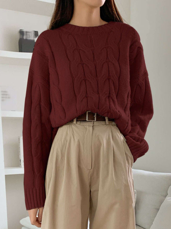Women's Chunky Cable Knit Sweater Crewneck Drop-Shoulder Loose Relaxed Pullover