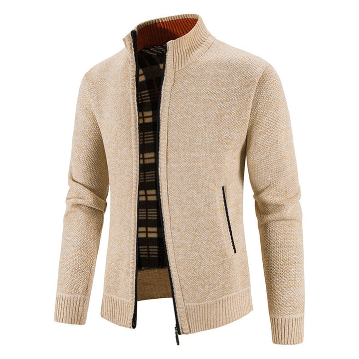 Men's Knit Cardigan Full-Zip Stand Collar Checked-Lined Zip-Pocket Slim