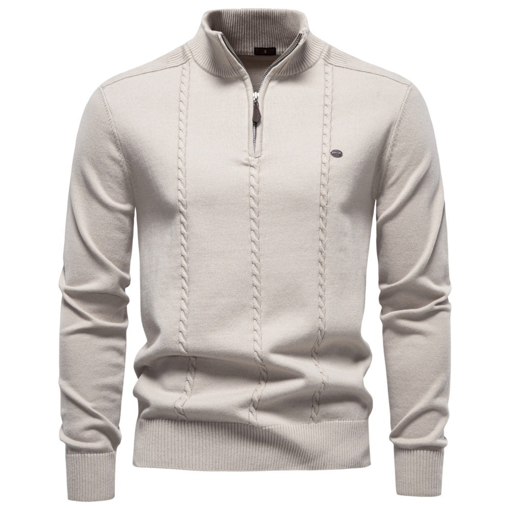 Men's Half-Zip Knit Sweater Vertical Cable Stand Collar Relaxed