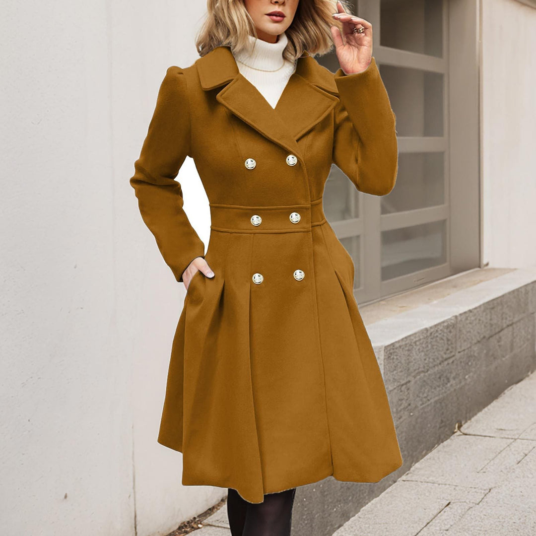 Women's Double-Breasted Fit-and-Flare Wool Coat Notch Lapel Winter Overcoat