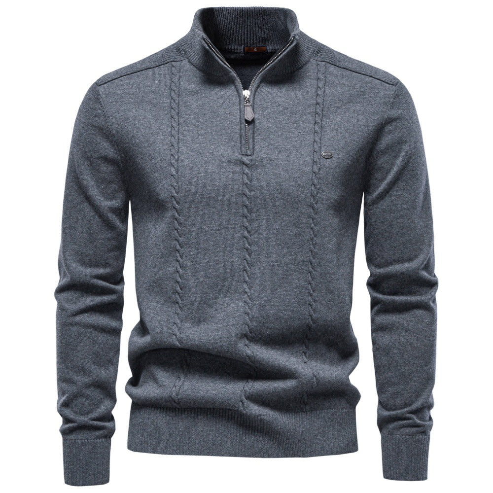 Men's Half-Zip Knit Sweater Vertical Cable Stand Collar Relaxed