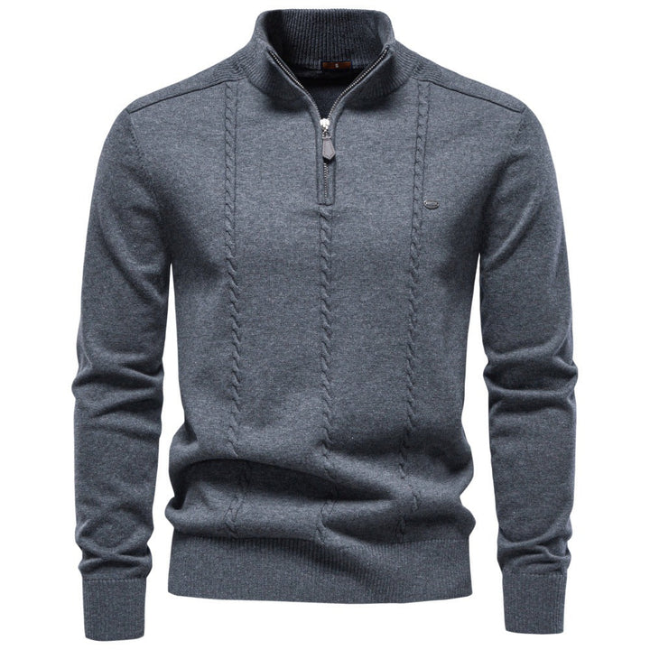 Men's Half-Zip Knit Sweater Vertical Cable Stand Collar Relaxed