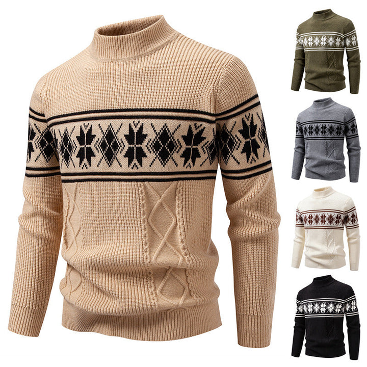 Men's Structured Knit Sweater Mock Neck Norwegian Snowflake Cable Textured