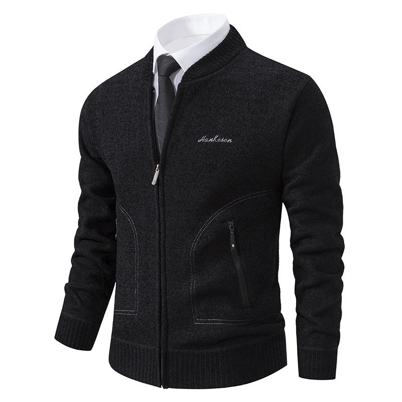 Men's Business Knit Cardigan Stand Collar Full-Zip Zip-Pocket Slim