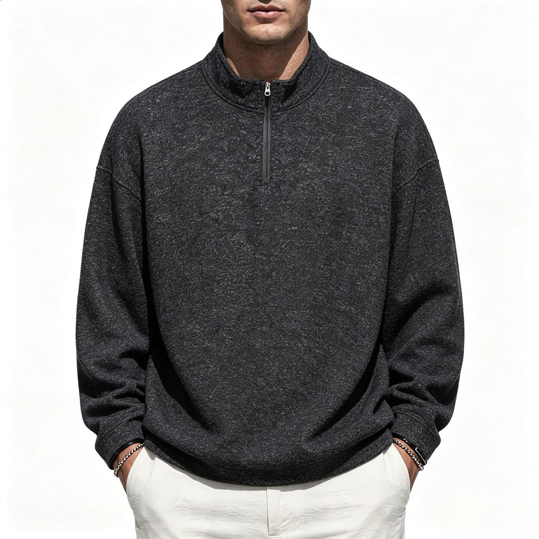 Men's Half-Zip Sweatshirt Stand Collar Mélange Textured Drop-Shoulder Relaxed