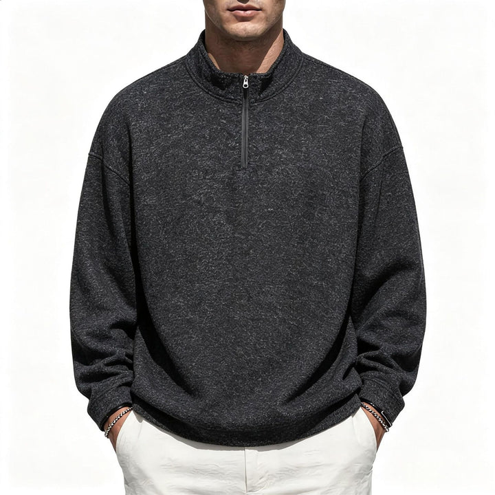 Men's Half-Zip Sweatshirt Stand Collar Mélange Textured Drop-Shoulder Relaxed