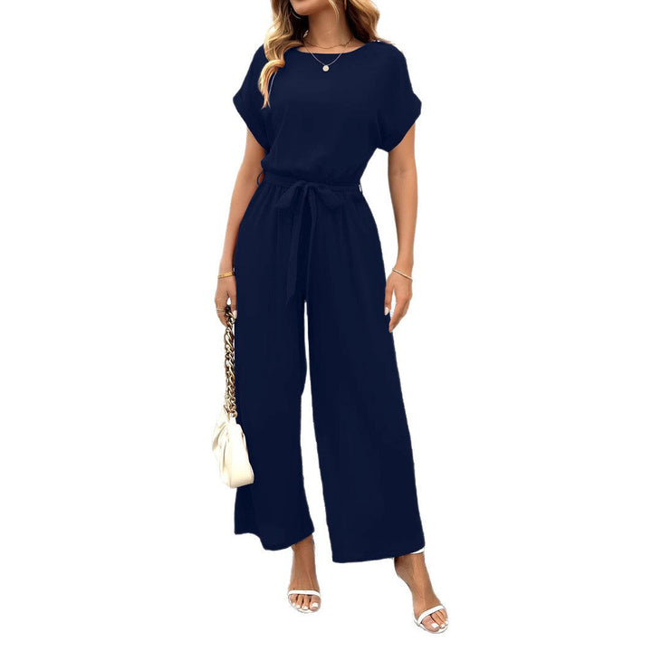 Women's Wide Leg Jumpsuit Short Sleeve Boat Neck Belted Tie-Waist Elegant