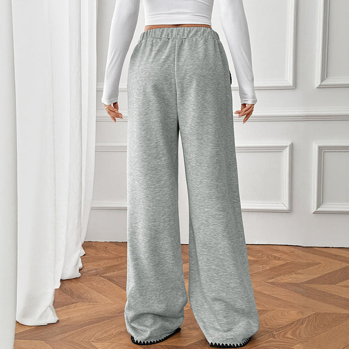 Women's Wide Leg Sweatpants Whipstitch Trim Drawstring High Waist Gray