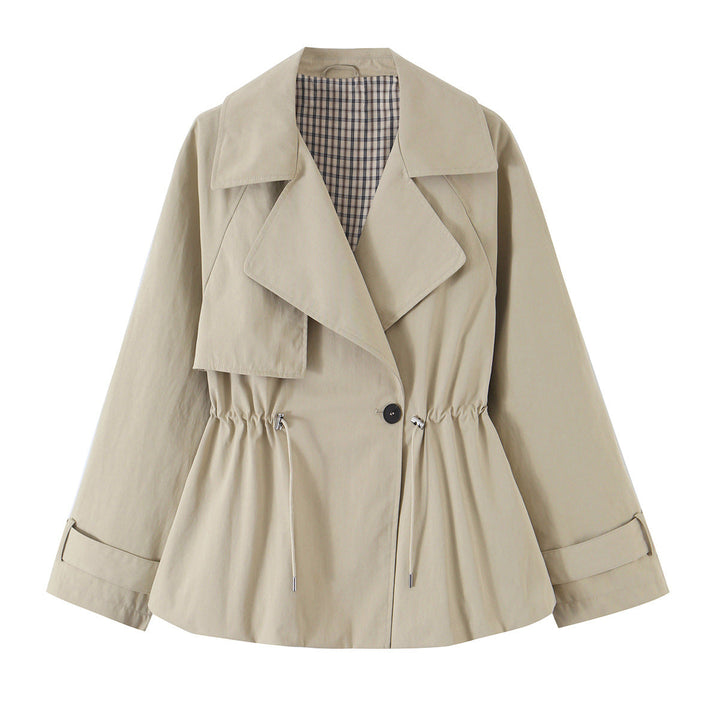 Women's Short Trench Coat Wide Lapel Drawstring Waist Peplum Khaki