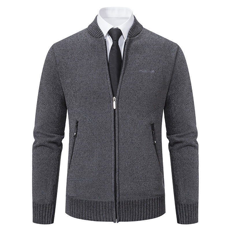 Men's Business Knit Cardigan Stand Collar Full-Zip Zip-Pocket Slim