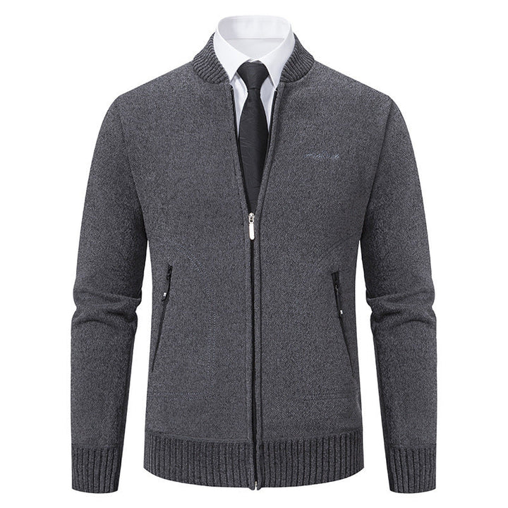 Men's Business Knit Cardigan Stand Collar Full-Zip Zip-Pocket Slim