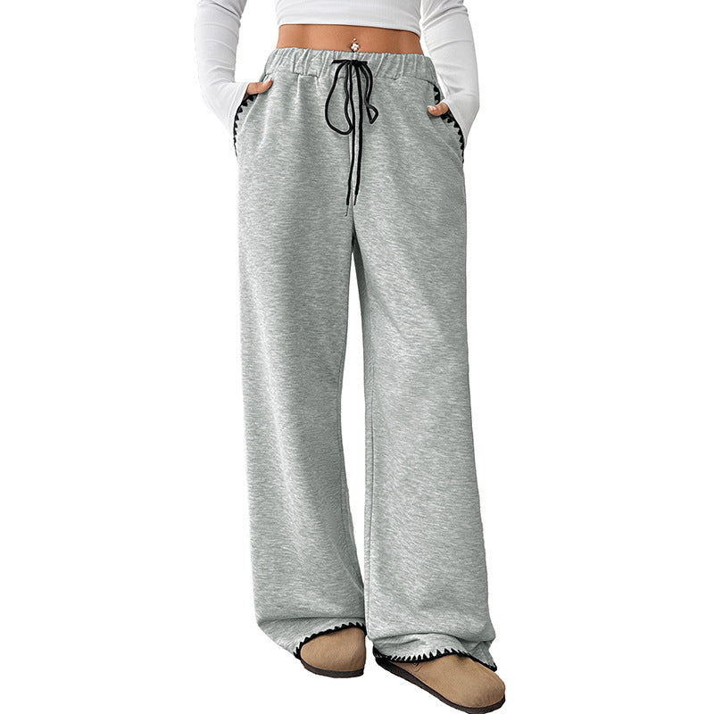 Women's Wide Leg Sweatpants Whipstitch Trim Drawstring High Waist Gray