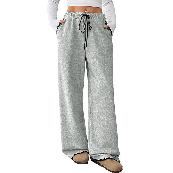 Women's Wide Leg Sweatpants Whipstitch Trim Drawstring High Waist Gray