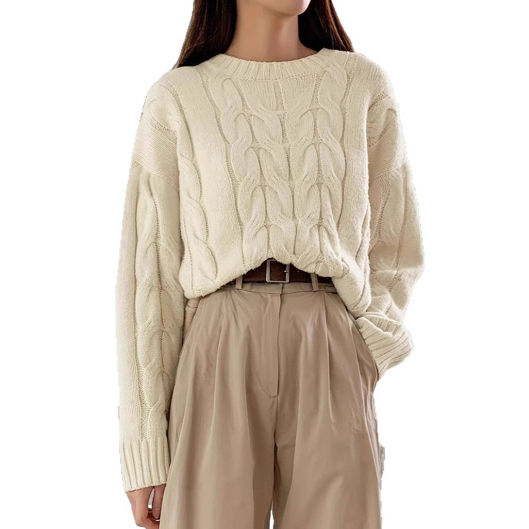 Women's Chunky Cable Knit Sweater Crewneck Drop-Shoulder Loose Relaxed Pullover