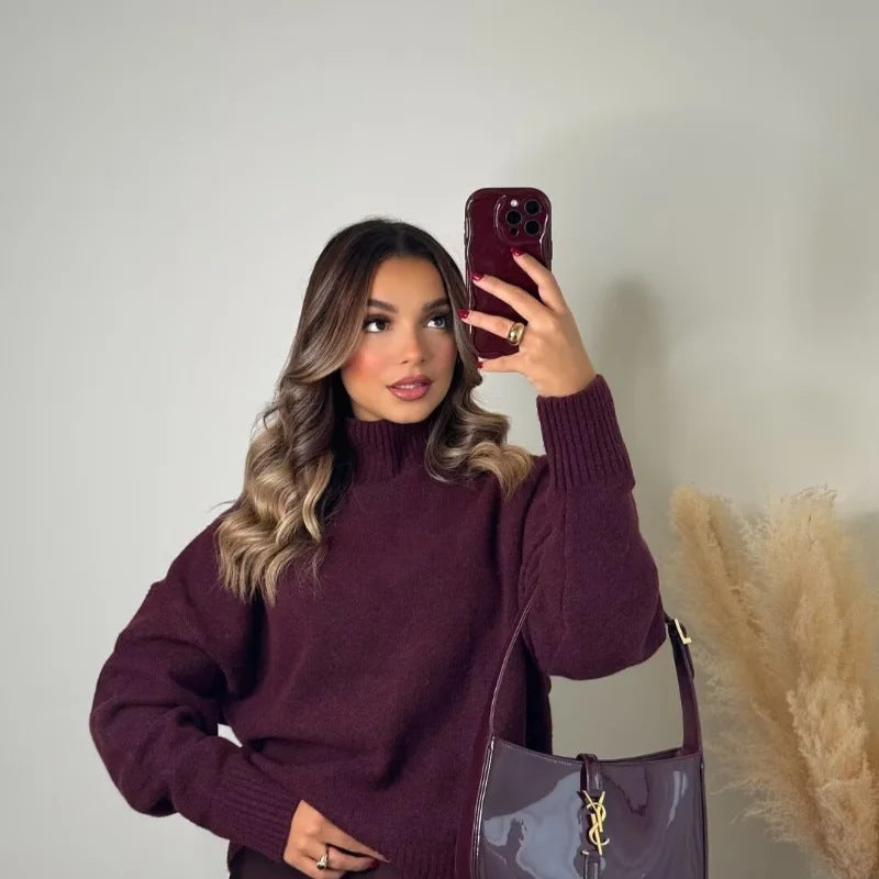 Women's Chunky Knit Turtleneck Sweater Ribbed Drop-Shoulder Relaxed Pullover