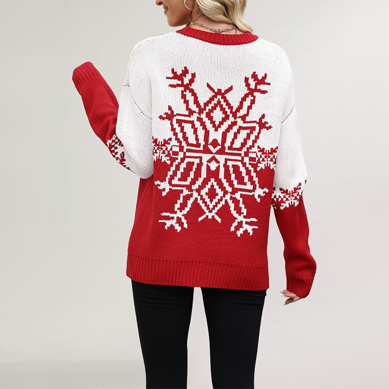 Women's Festive Christmas Sweater Snowflake Colorblock Crewneck Drop-Shoulder Holiday