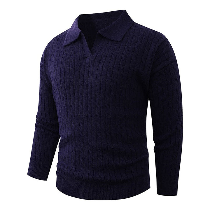 Men's Cable Knit Polo Sweater V-Neck Collared Textured Relaxed